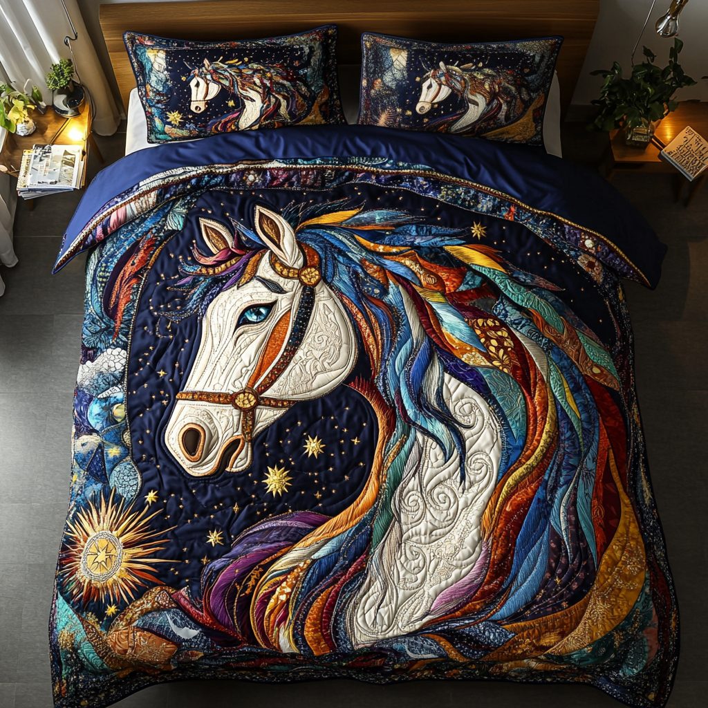 Windchaser quilted 3-piece bedding set on a made bed with two matching pillow shams
