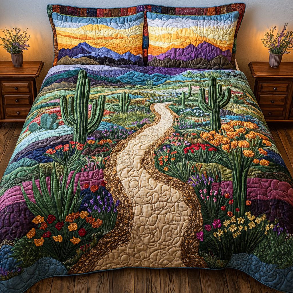 Winding Desert Road quilted 3-piece bedding set on a made bed with two matching pillow shams