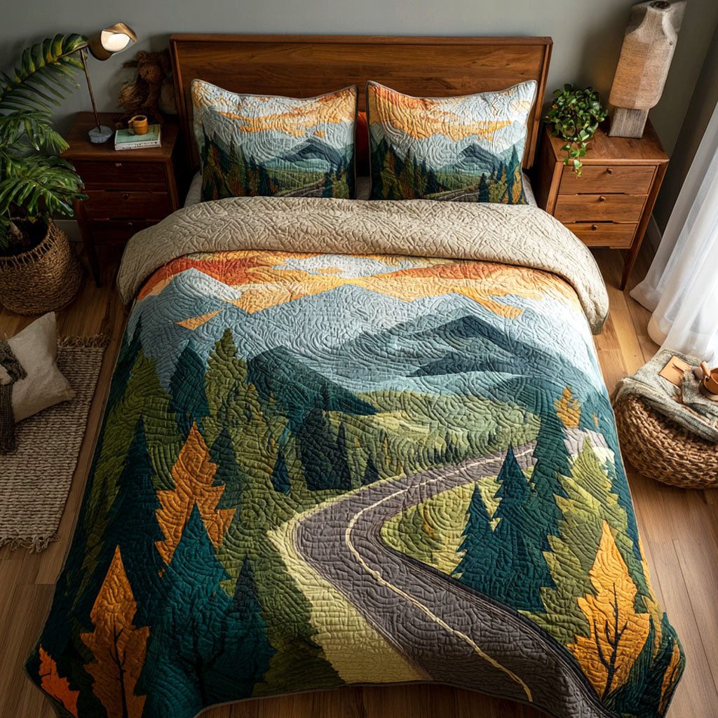 Winding Road quilted 3-piece bedding set on a made bed with two matching pillow shams