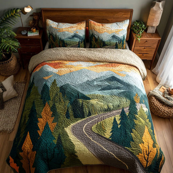 Winding Road quilted 3-piece bedding set on a made bed with two matching pillow shams