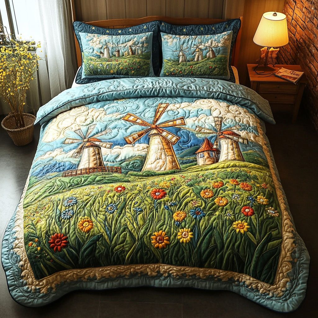 Windmill Blossoms quilted 3-piece bedding set on a made bed with two matching pillow shams
