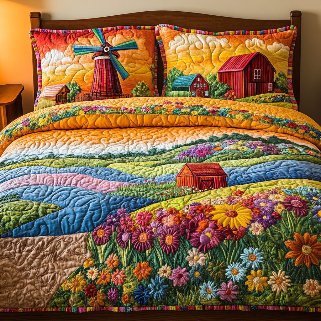 Windmill Delight quilted 3-piece bedding set on a made bed with two matching pillow shams