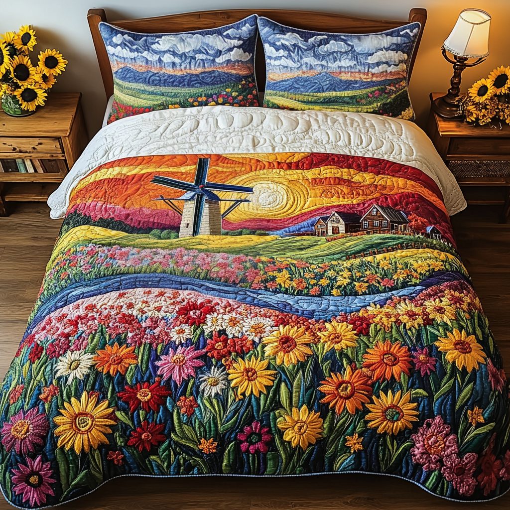 Windmill Dream quilted 3-piece bedding set on a made bed with two matching pillow shams