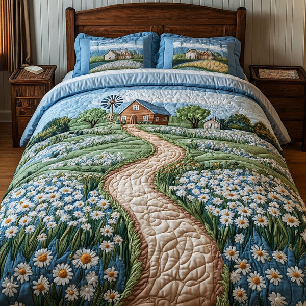 Windmill Dreams quilted 3-piece bedding set on a made bed with two matching pillow shams