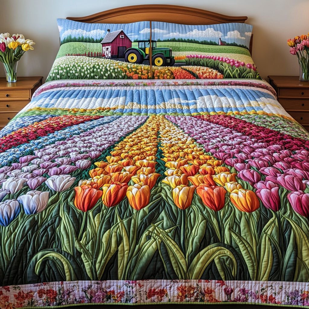 Windmill Fields quilted 3-piece bedding set on a made bed with two matching pillow shams