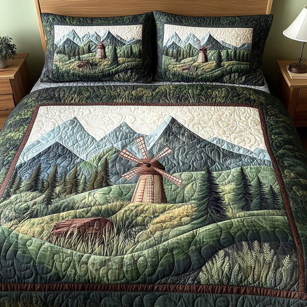 Windmill In Forest quilted 3-piece bedding set on a made bed with two matching pillow shams