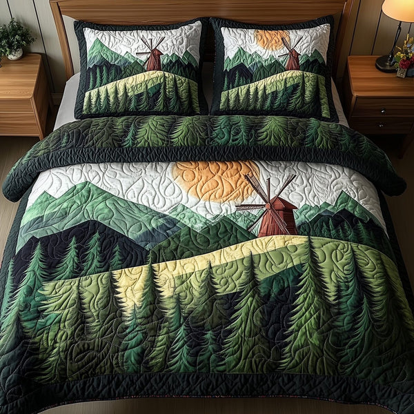 Windmill In Forest quilted 3-piece bedding set on a made bed with two matching pillow shams