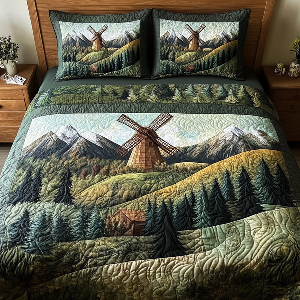 Windmill In Forest quilted 3-piece bedding set on a made bed with two matching pillow shams