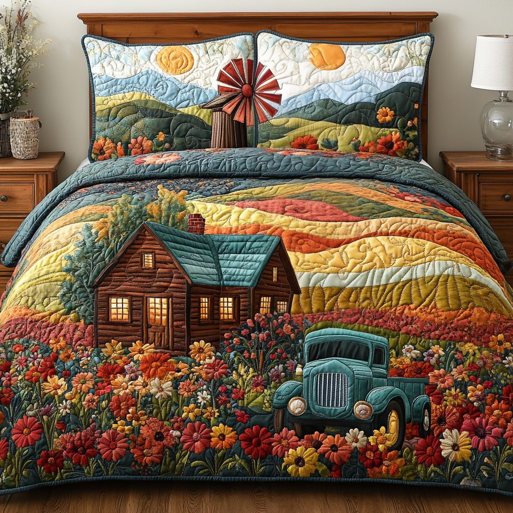 Windmill Landscape quilted 3-piece bedding set on a made bed with two matching pillow shams