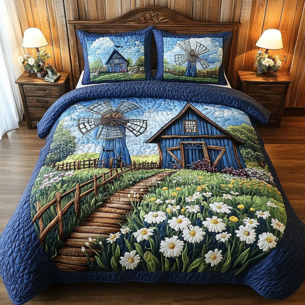 Windmill Path quilted 3-piece bedding set on a made bed with two matching pillow shams