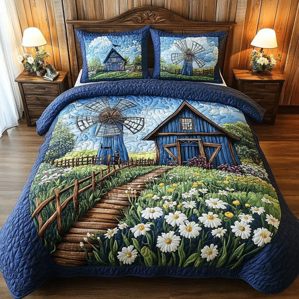 Windmill Path quilted 3-piece bedding set on a made bed with two matching pillow shams