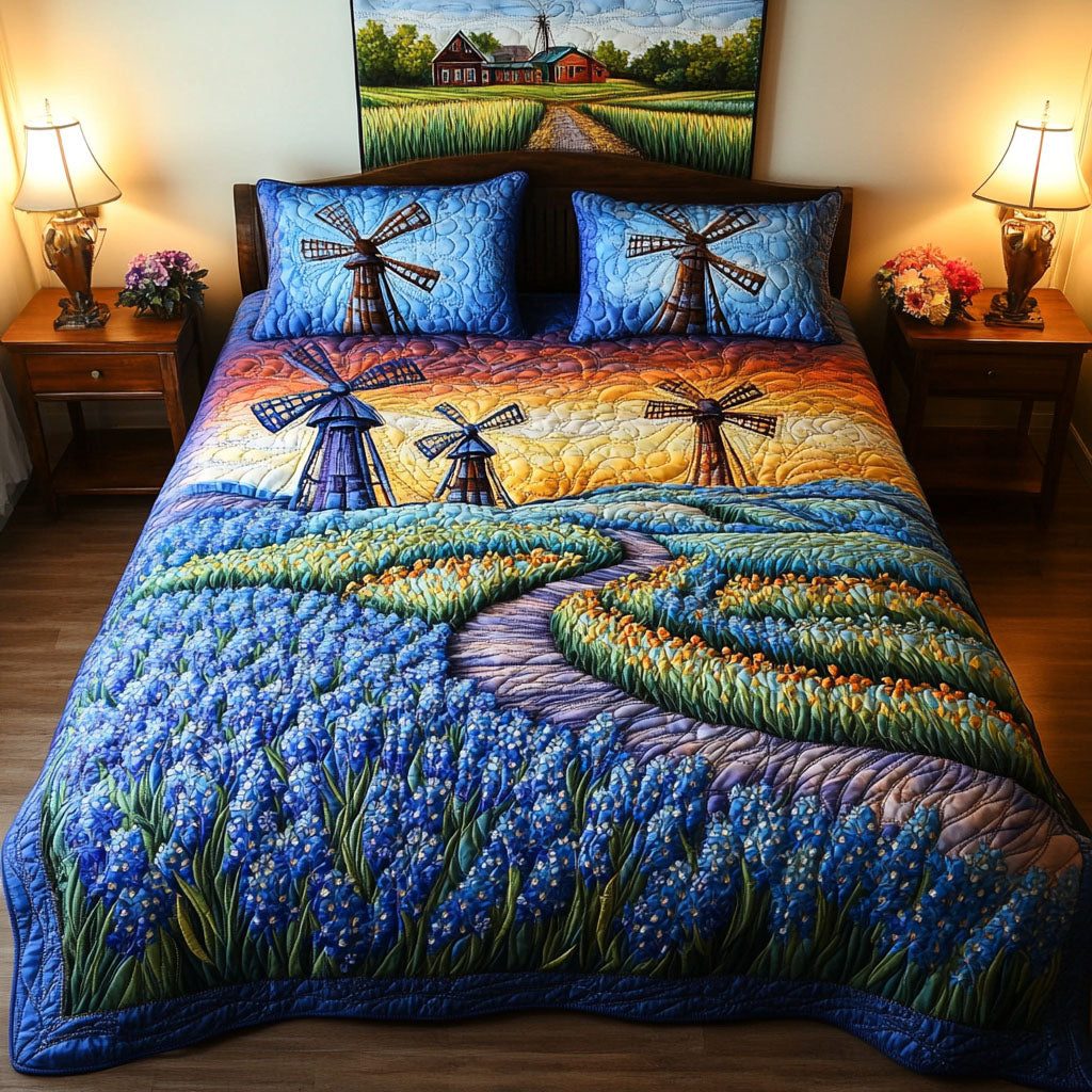 Windmill Path quilted 3-piece bedding set on a made bed with two matching pillow shams