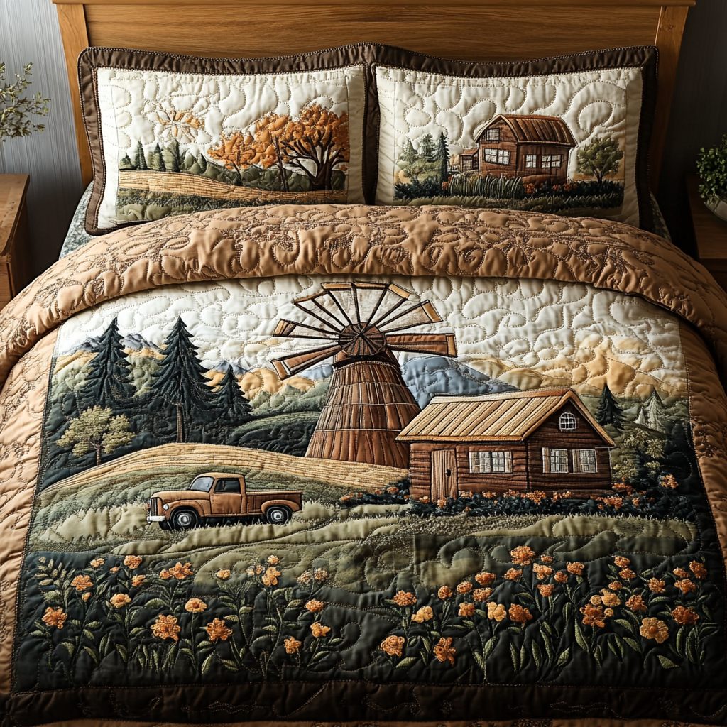 Windmill Serenity quilted 3-piece bedding set on a made bed with two matching pillow shams