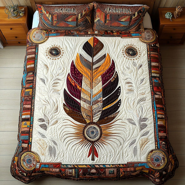 Winds of Protection quilted 3-piece bedding set on a made bed with two matching pillow shams