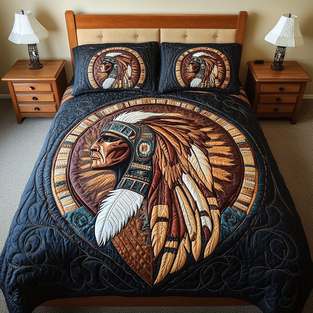 Winds Whisper quilted 3-piece bedding set on a made bed with two matching pillow shams