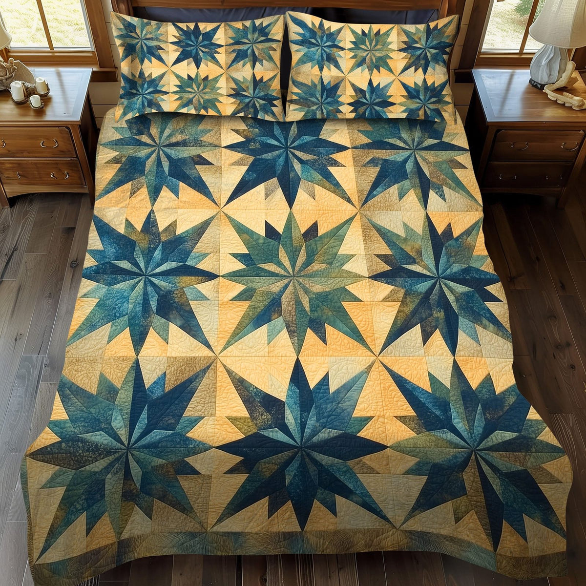 Windstar Pattern quilted 3-piece bedding set on a made bed with two matching pillow shams