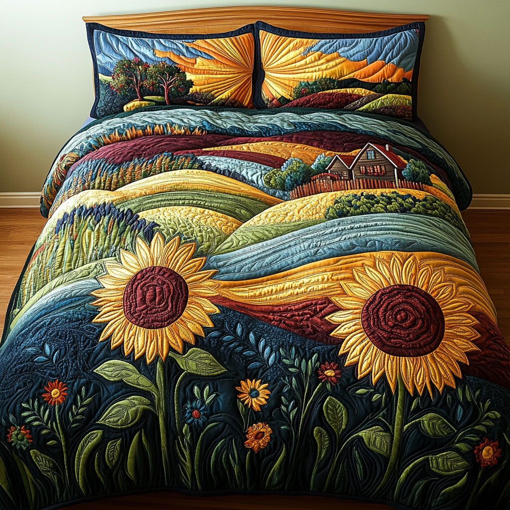 Windswept Fields quilted 3-piece bedding set on a made bed with two matching pillow shams