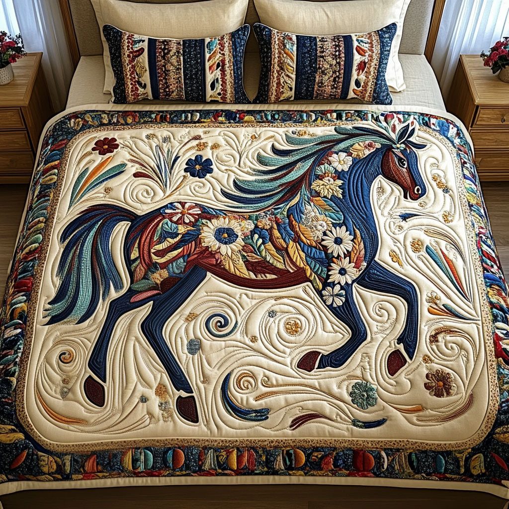Windswept Mane quilted 3-piece bedding set on a made bed with two matching pillow shams