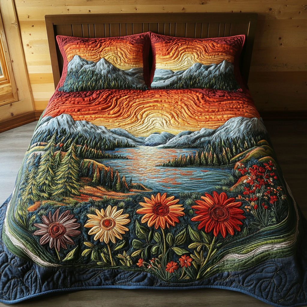Windswept Orchard quilted 3-piece bedding set on a made bed with two matching pillow shams
