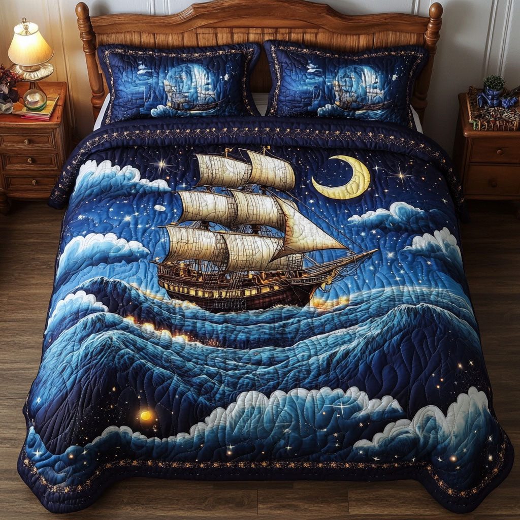 Windswept Waterscape quilted 3-piece bedding set on a made bed with two matching pillow shams