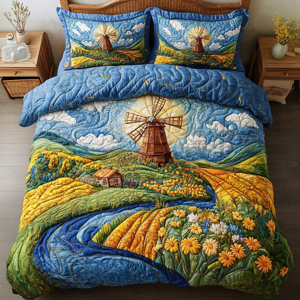 Windy Dreams quilted 3-piece bedding set on a made bed with two matching pillow shams