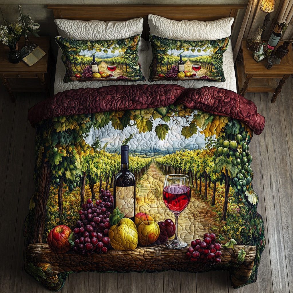 Wine Escape quilted 3-piece bedding set on a made bed with two matching pillow shams