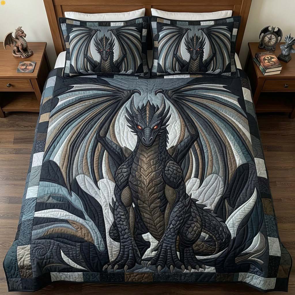 Wing of Dominion quilted 3-piece bedding set on a made bed with two matching pillow shams
