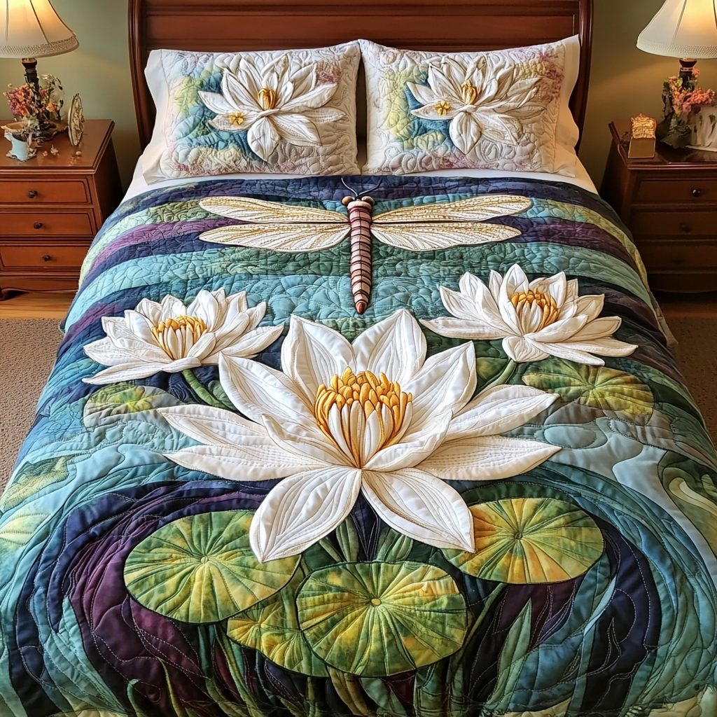 Winged Beauty quilted 3-piece bedding set on a made bed with two matching pillow shams