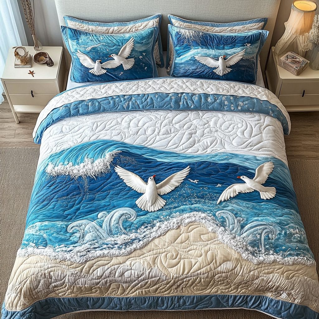 Winged Horizon quilted 3-piece bedding set on a made bed with two matching pillow shams