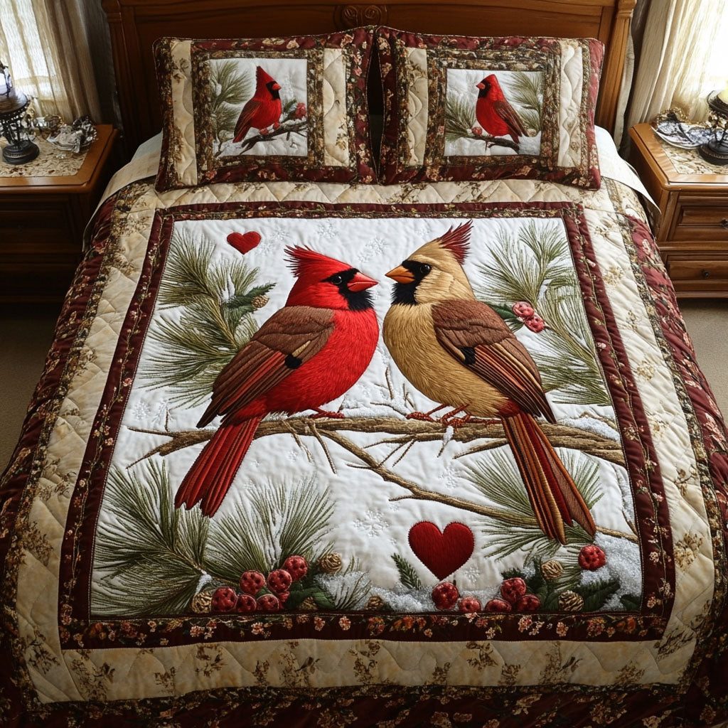 Winged Love quilted 3-piece bedding set on a made bed with two matching pillow shams