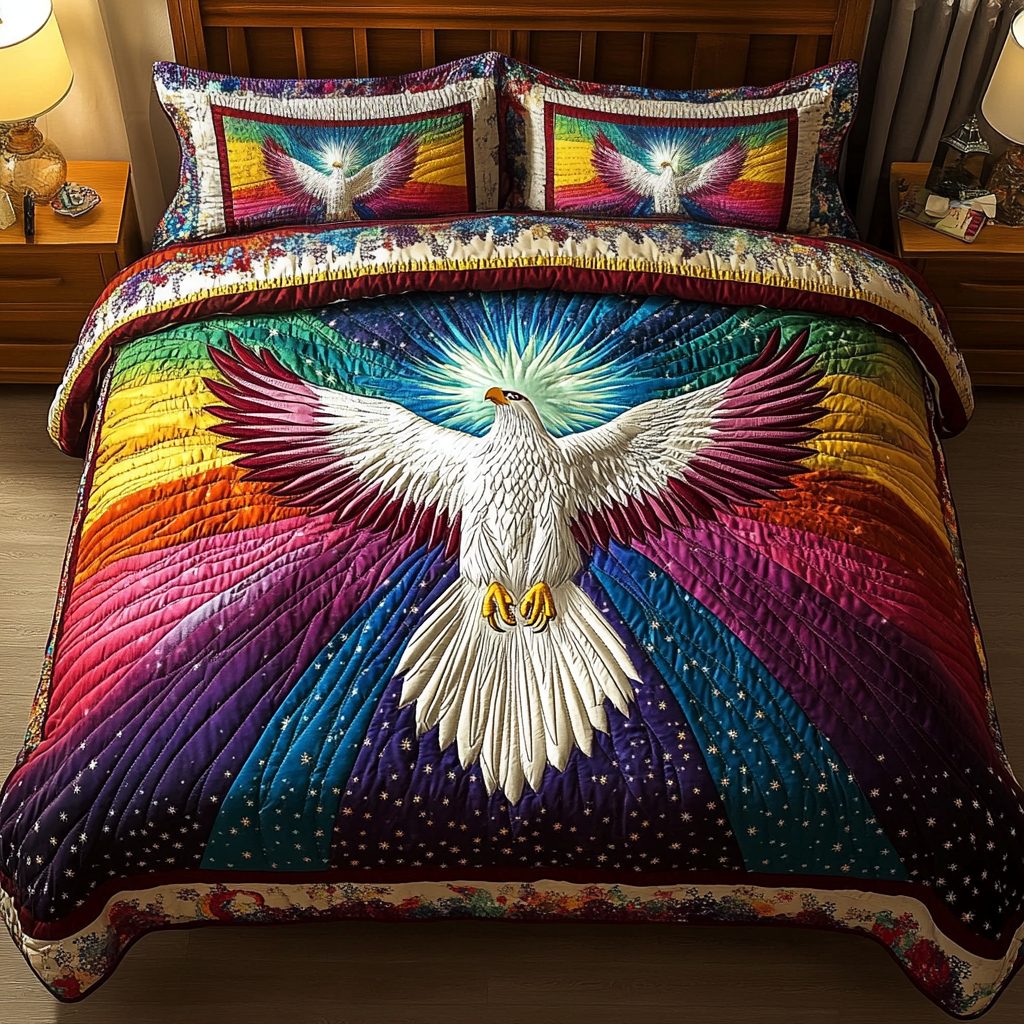 Winged Majesty quilted 3-piece bedding set on a made bed with two matching pillow shams
