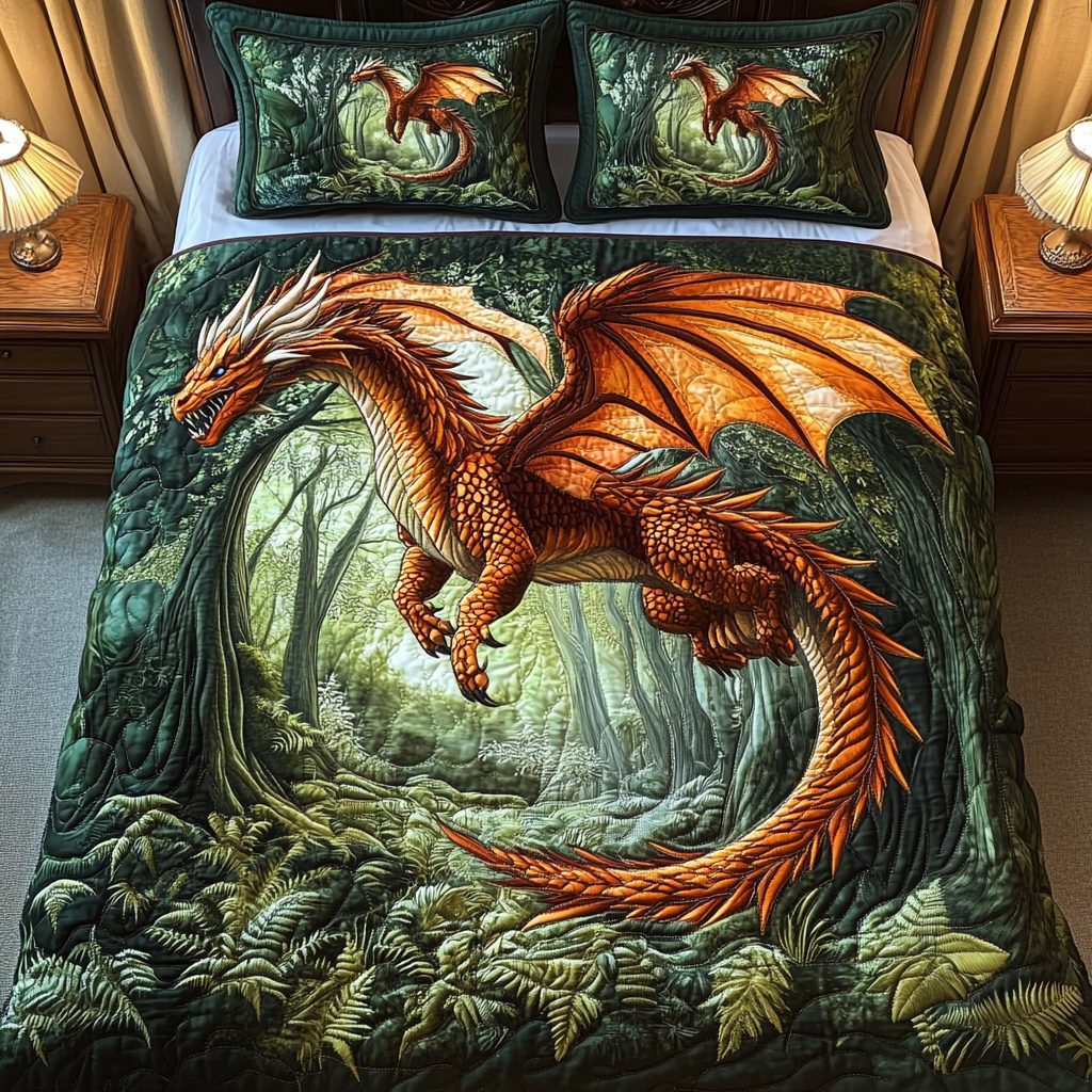 Winged Majesty quilted 3-piece bedding set on a made bed with two matching pillow shams