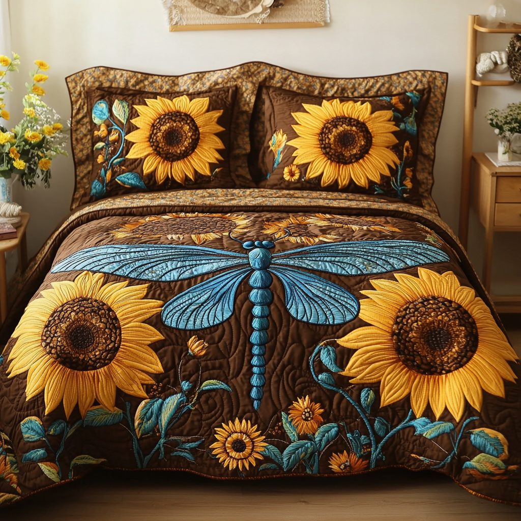 Winged Romance quilted 3-piece bedding set on a made bed with two matching pillow shams