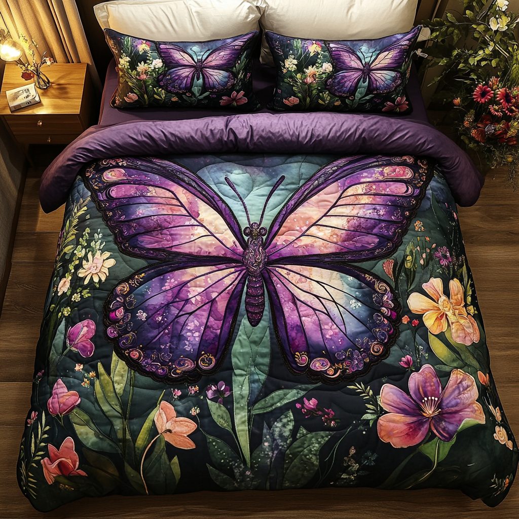 Winged Whimsy quilted 3-piece bedding set on a made bed with two matching pillow shams
