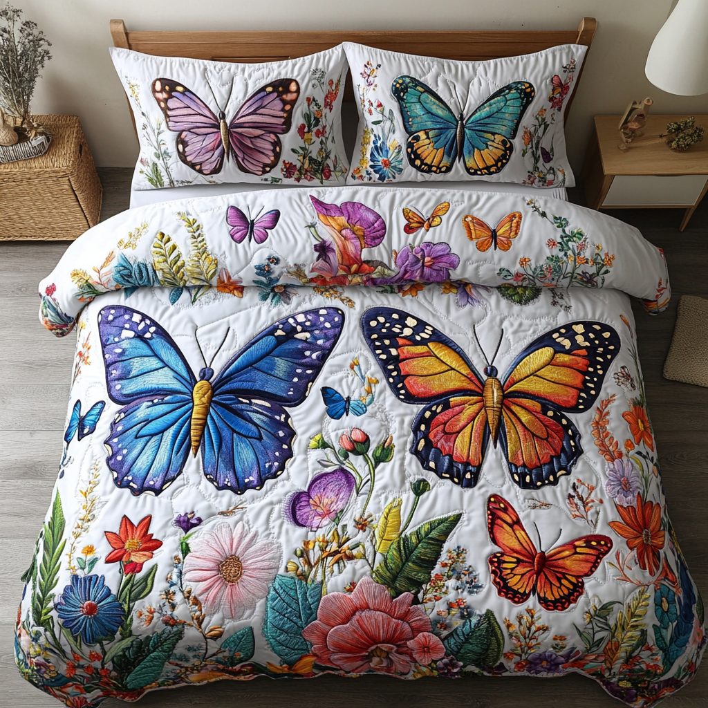 Winged Whispers quilted 3-piece bedding set on a made bed with two matching pillow shams