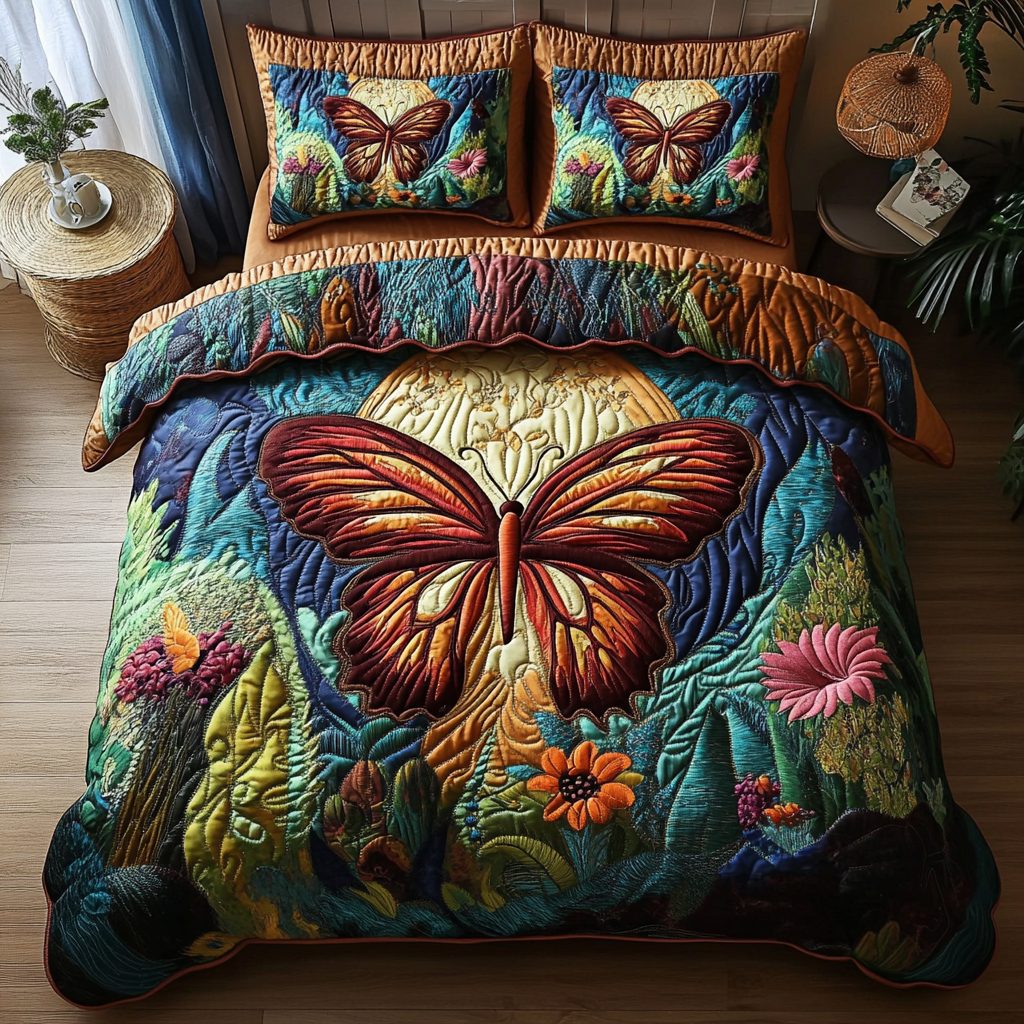 Winged Wonder quilted 3-piece bedding set on a made bed with two matching pillow shams