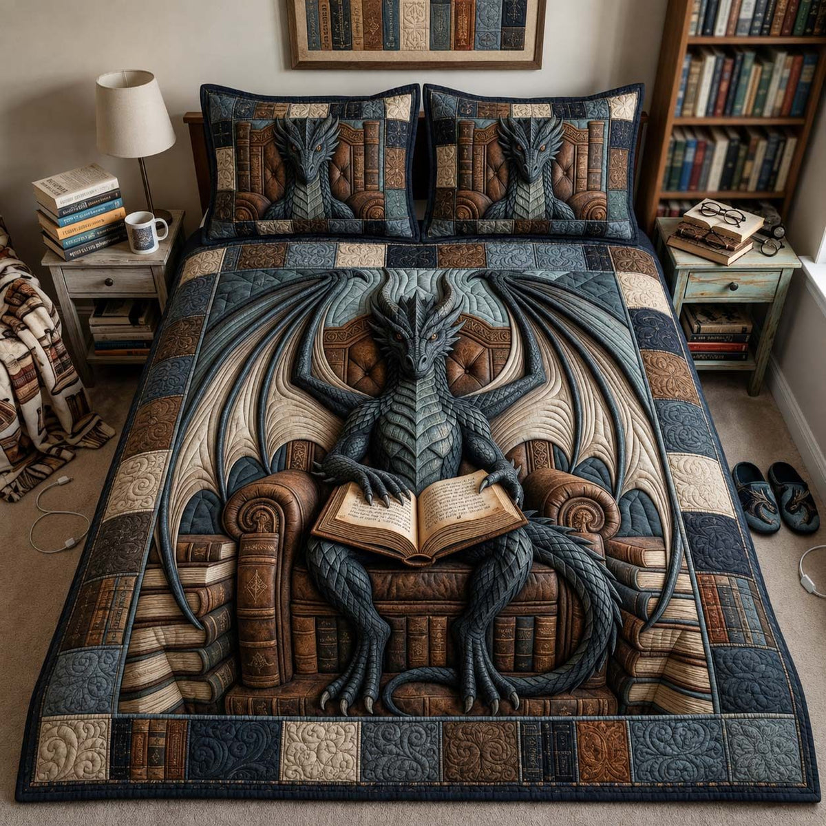 Wingof Dominion quilted 3-piece bedding set on a made bed with two matching pillow shams