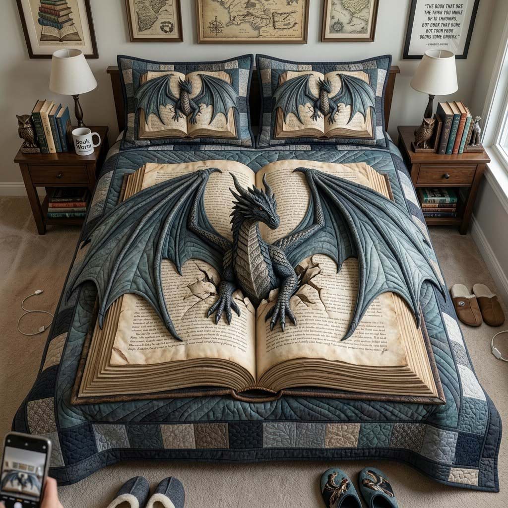 Wingof Dominion quilted 3-piece bedding set on a made bed with two matching pillow shams