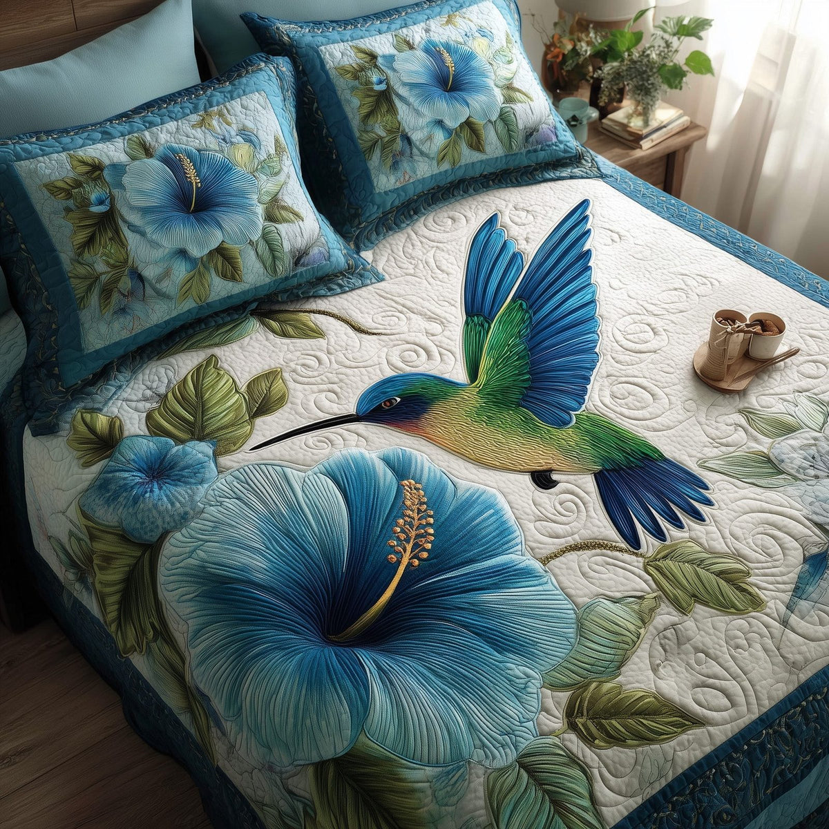 Wings & Blue Petals quilted 3-piece bedding set on a made bed with two matching pillow shams