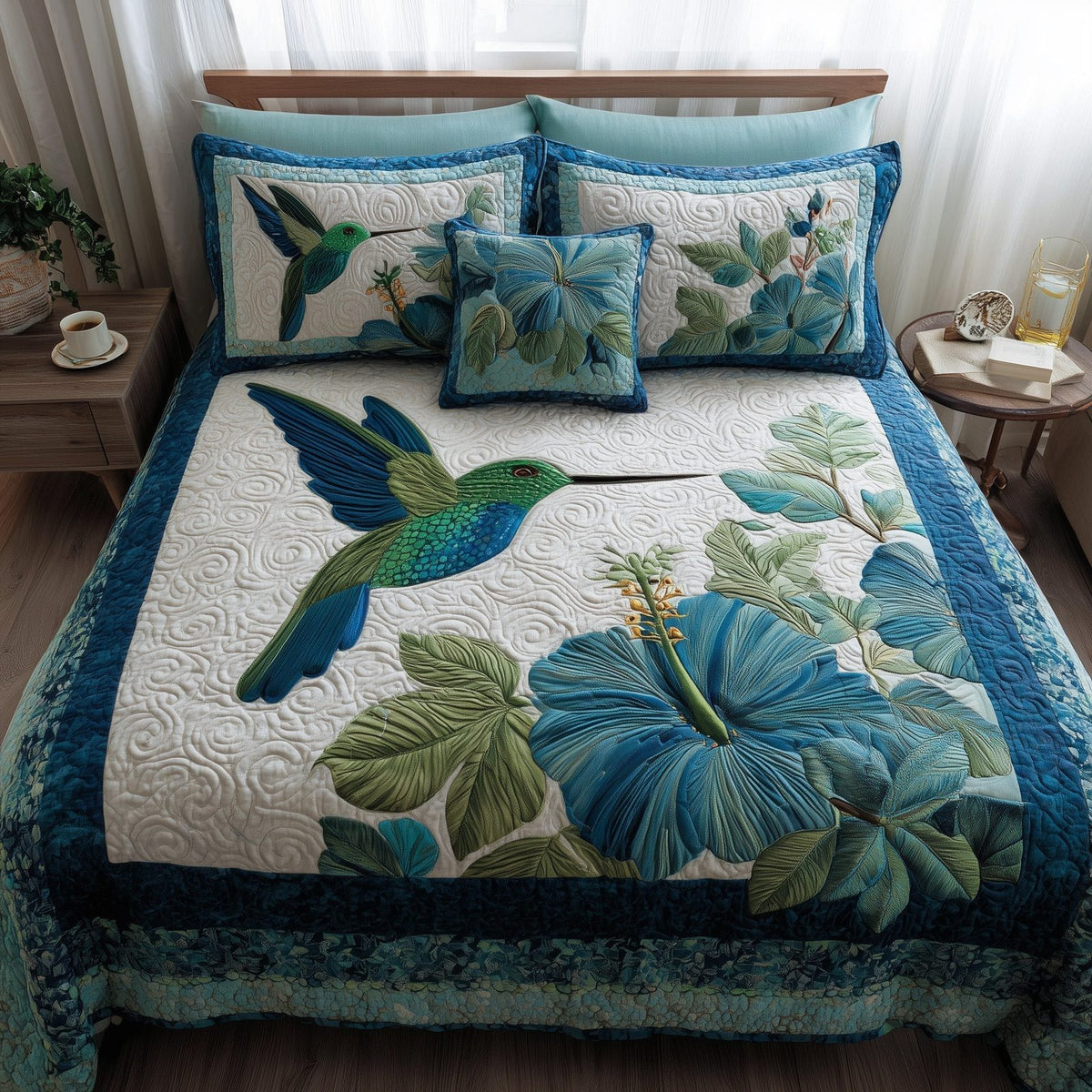 Wings & Blue Petals quilted 3-piece bedding set on a made bed with two matching pillow shams