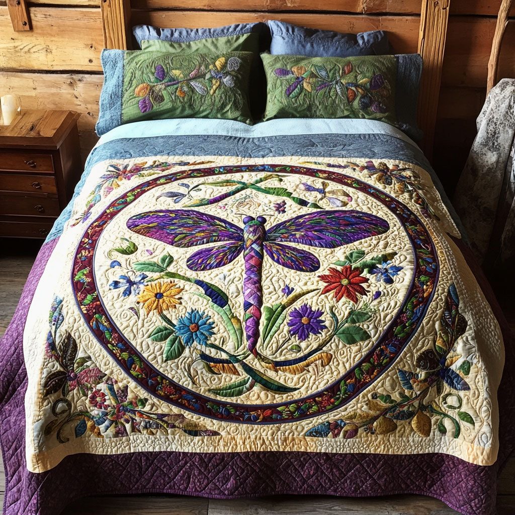 Wings of Balance quilted 3-piece bedding set on a made bed with two matching pillow shams