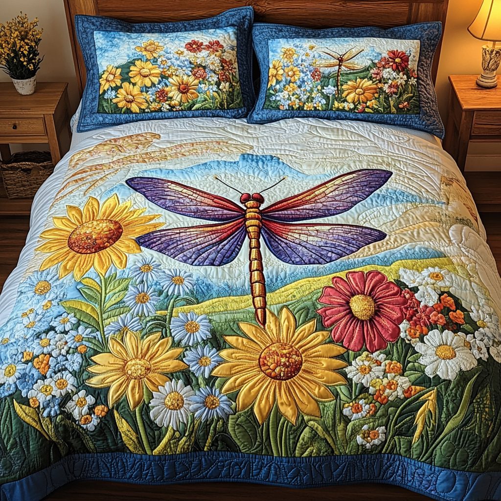 Wings of Color quilted 3-piece bedding set on a made bed with two matching pillow shams