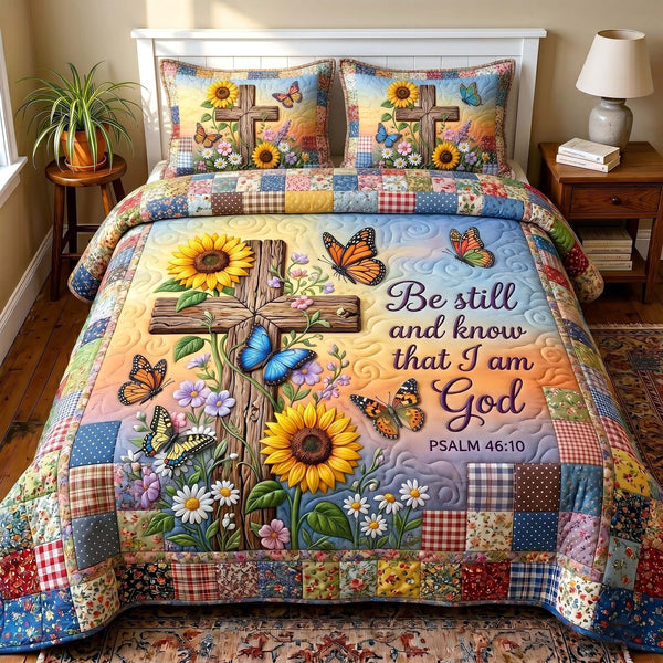 Wings Of Faith quilted 3-piece bedding set on a made bed in a softly lit bedroom