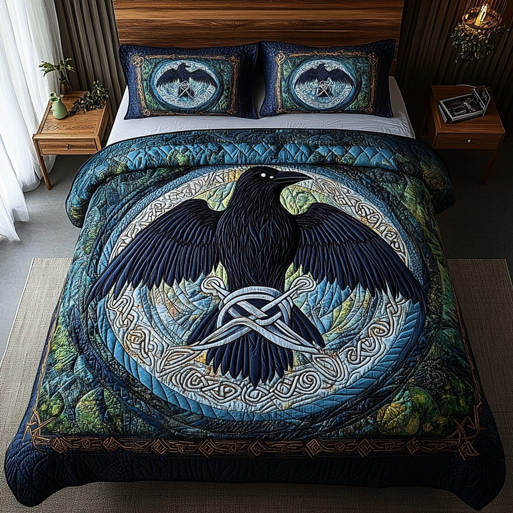 Wings of Fate quilted 3-piece bedding set on a made bed with two matching pillow shams