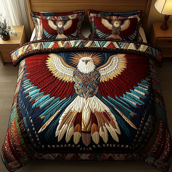 Wings of Honor quilted 3-piece bedding set on a made bed in a warmly lit bedroom