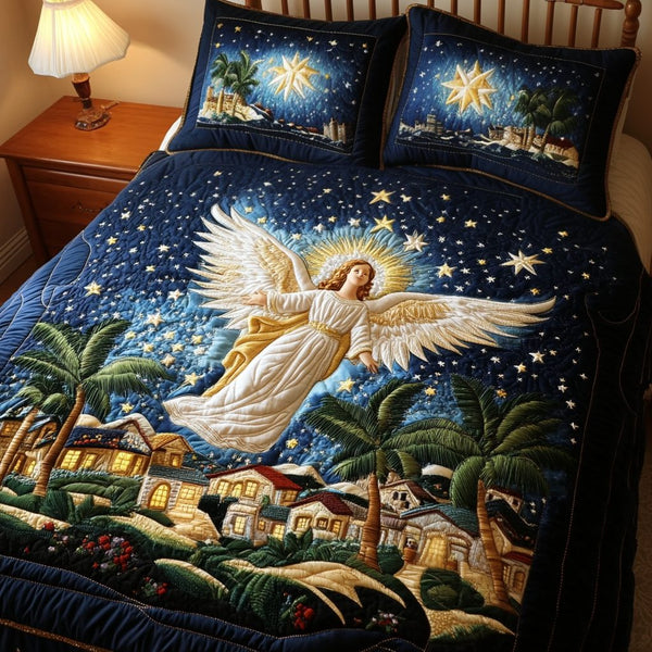 Wings of Hope quilted 3-piece bedding set on a made bed with two matching pillow shams
