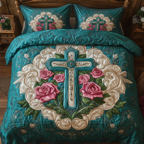 Wings of Serenity quilted 3-piece bedding set on a made bed with two matching pillow shams