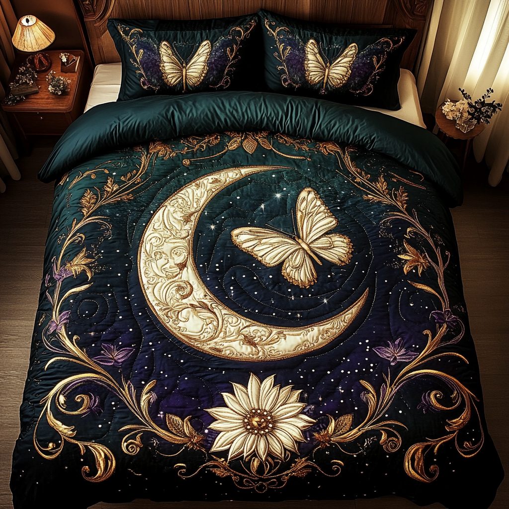 Wings of Wonder quilted 3-piece bedding set on a made bed with two matching pillow shams