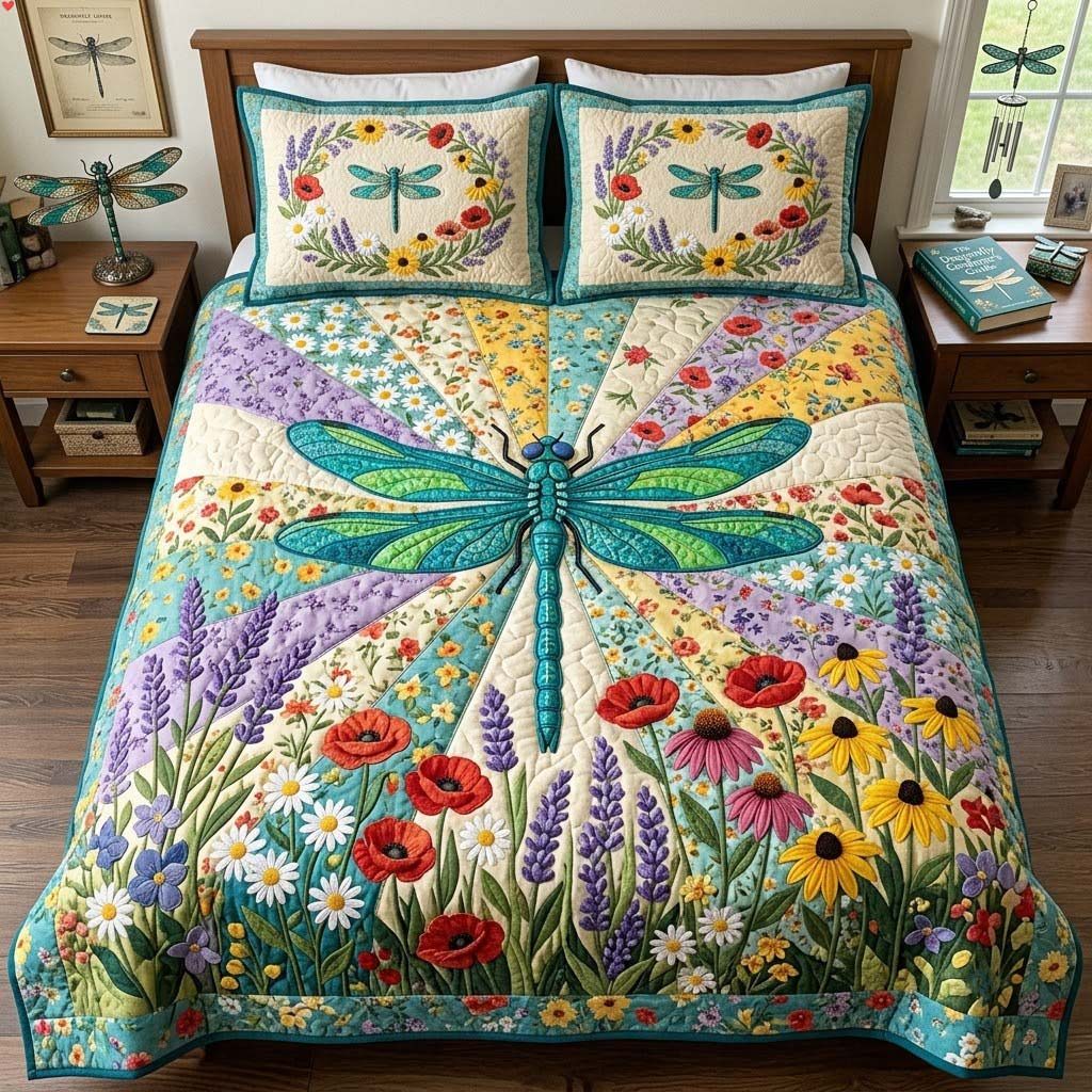 Wingsofthe Garden quilted 3-piece bedding set on a made bed with two matching pillow shams