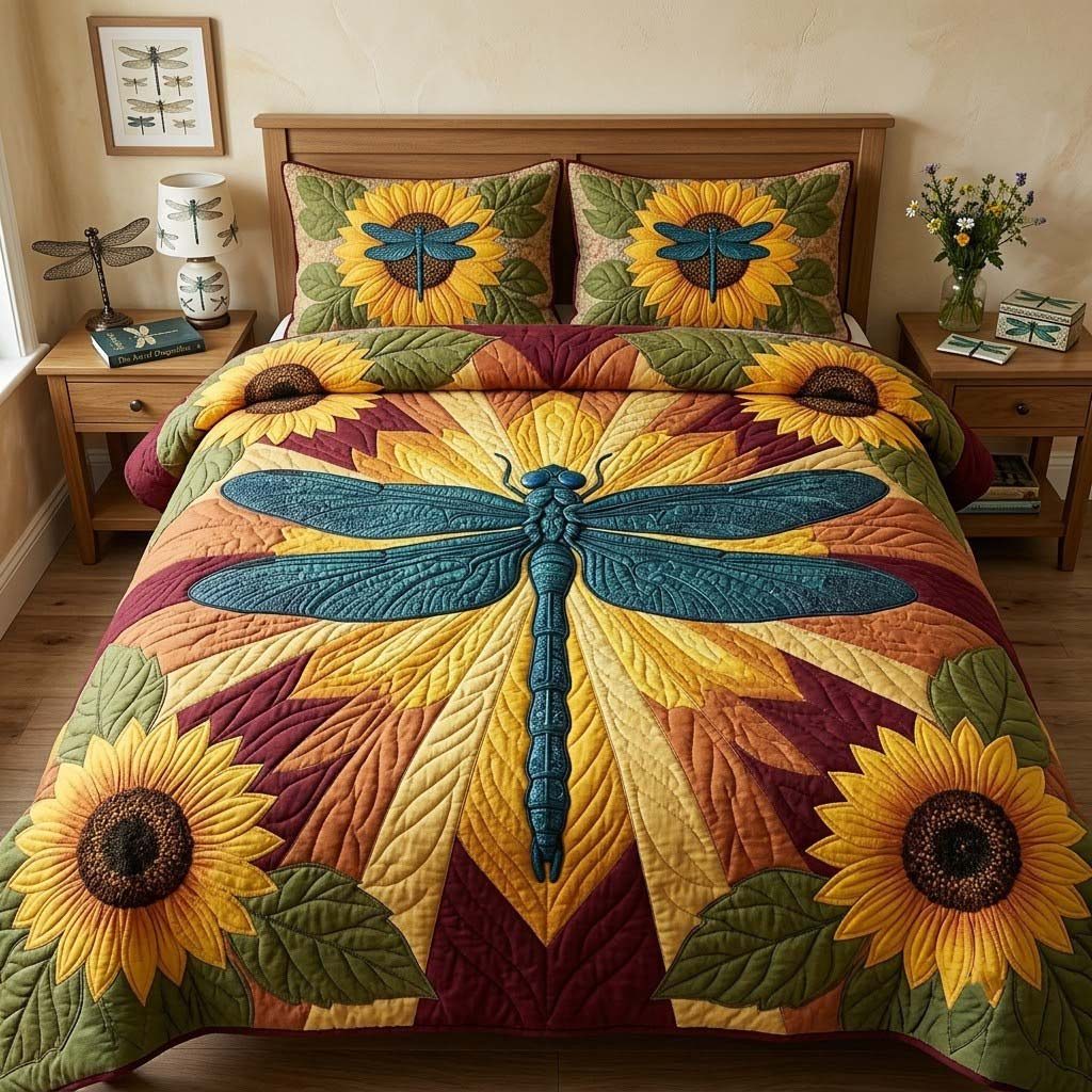 Wingsofthe Garden quilted 3-piece bedding set on a made bed with two matching pillow shams